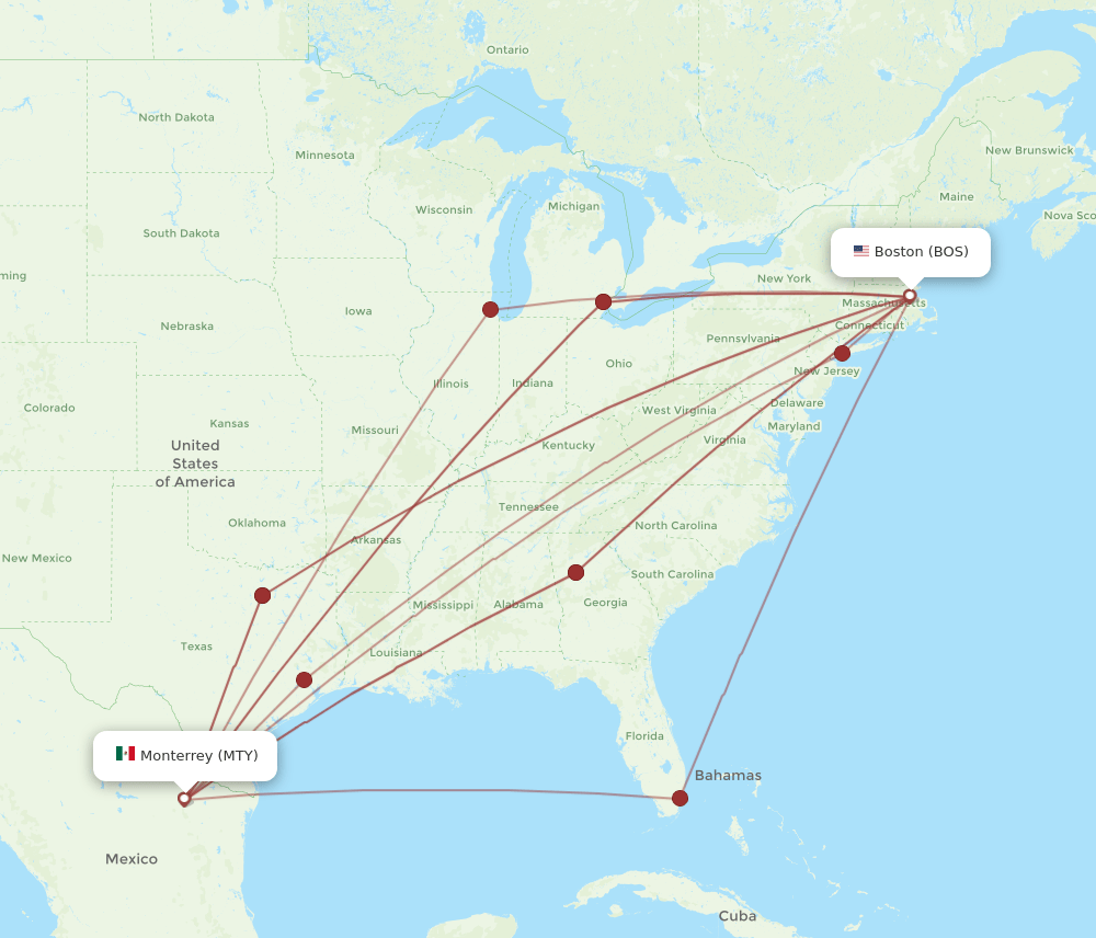 BOS-MTY flight routes