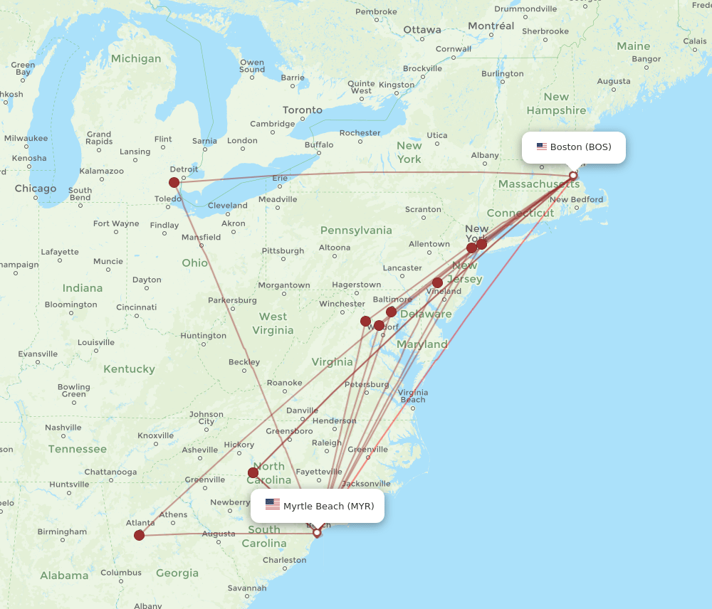 BOS-MYR flight routes