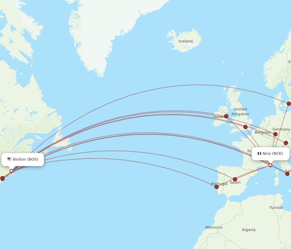 BOS to NCE flights and routes map