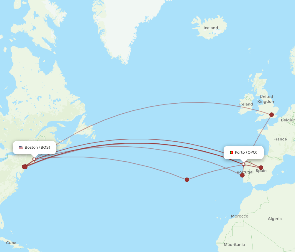 BOS to OPO flights and routes map