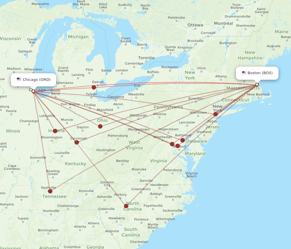 BOS to ORD flights and routes map