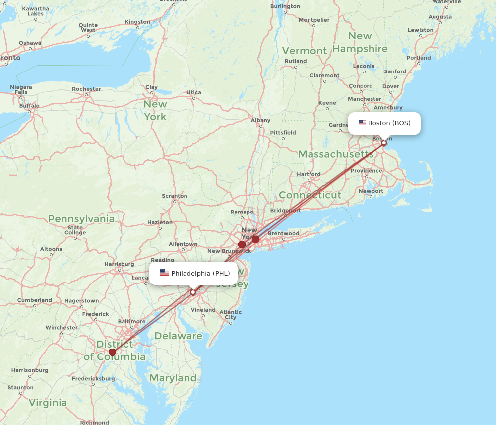 BOS to PHL flights and routes map