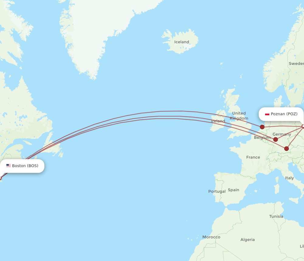 BOS-POZ flight routes