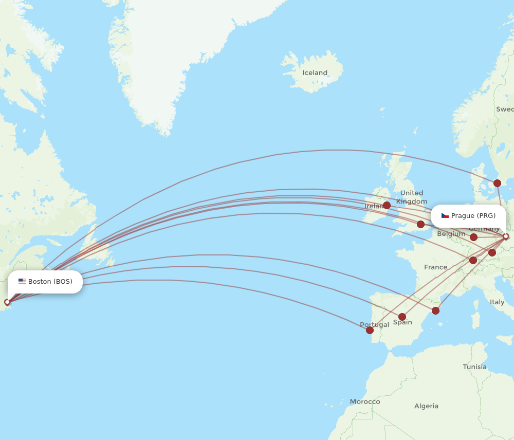 BOS to PRG flights and routes map