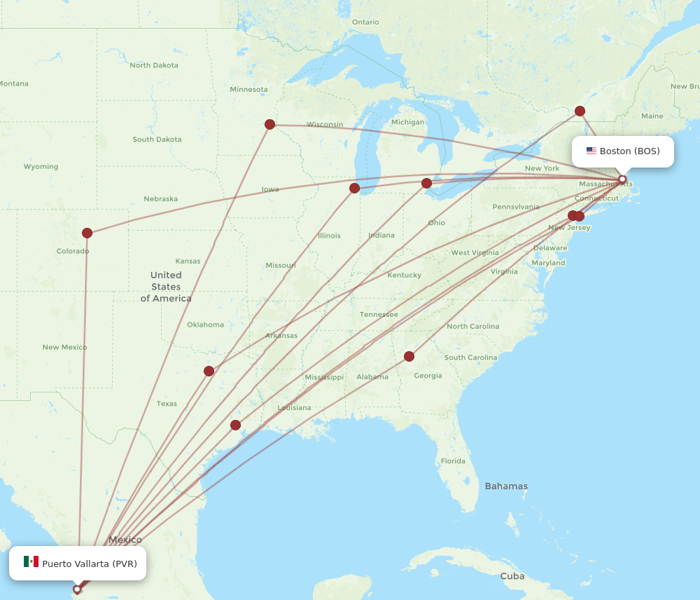 BOS to PVR flights and routes map