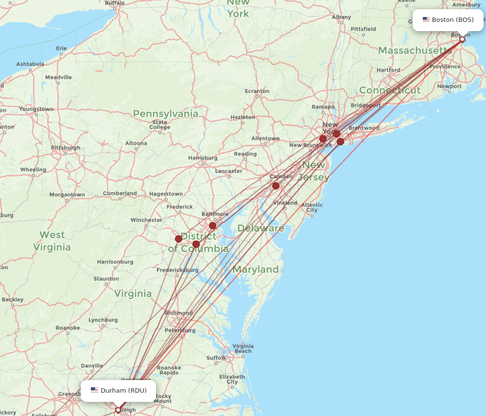 BOS to RDU flights and routes map