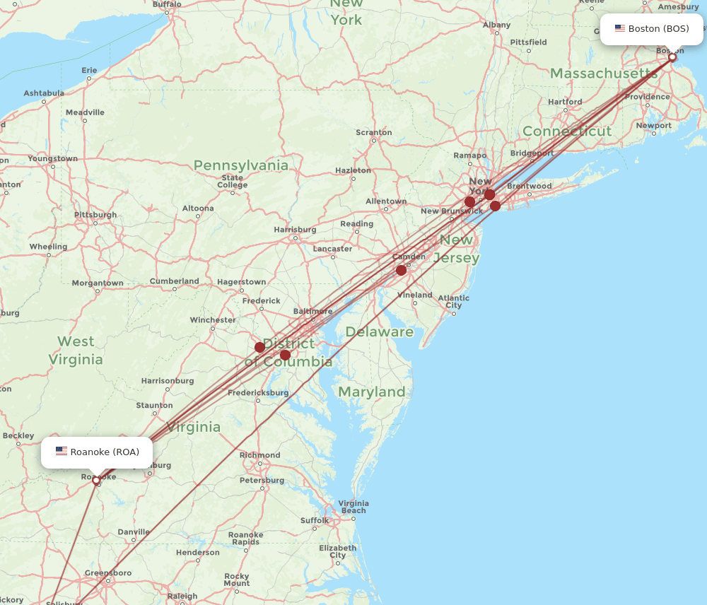 BOS-ROA flight routes