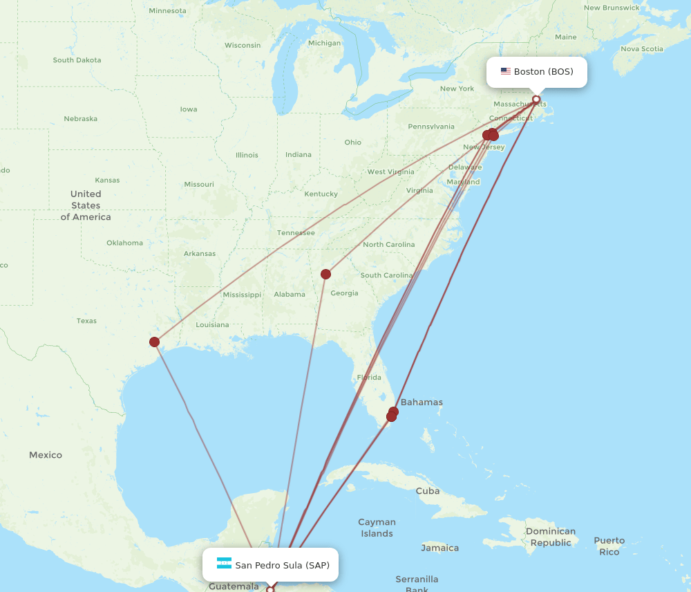 BOS-SAP flight routes