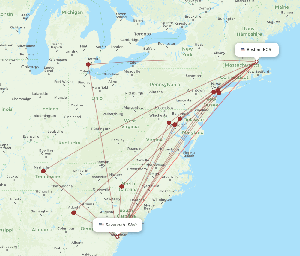 BOS-SAV flight routes