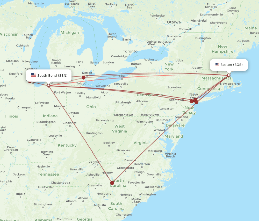 BOS-SBN flight routes