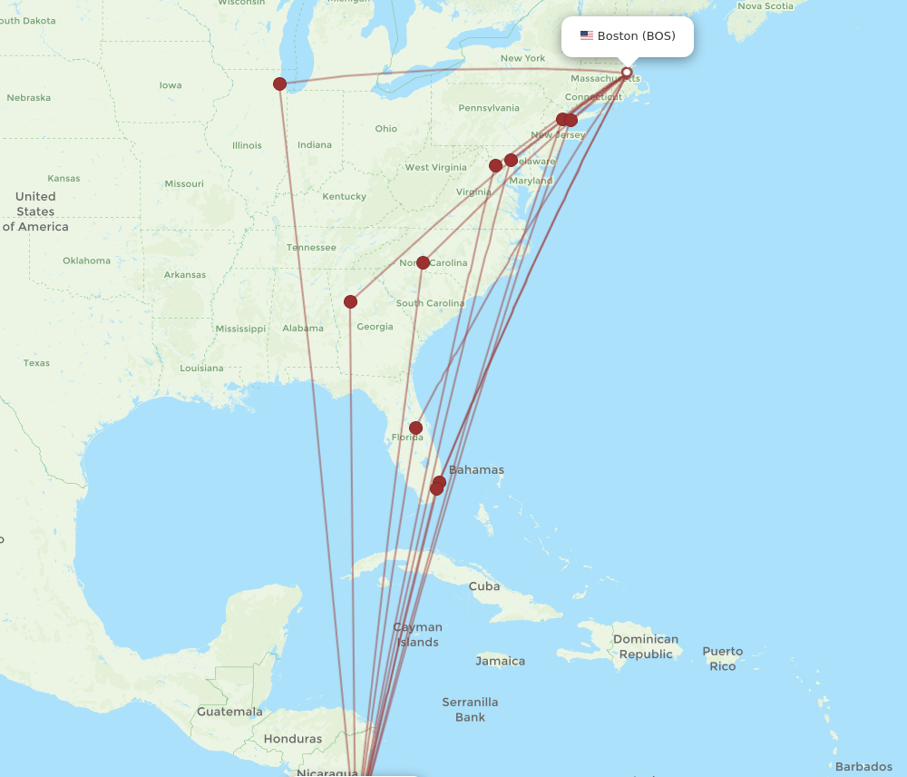 BOS-SJO flight routes