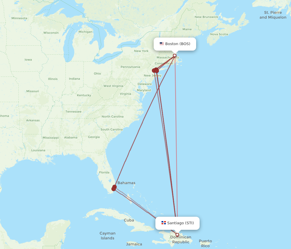 BOS to STI flights and routes map