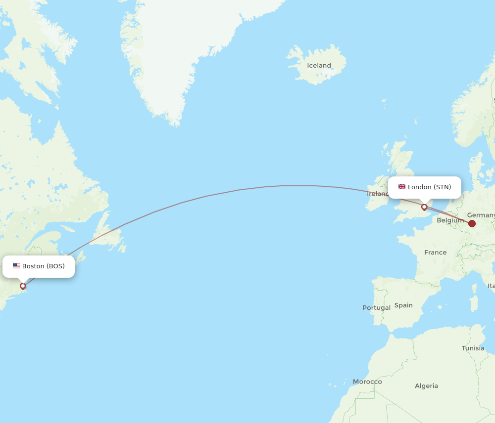 STN to BOS flights and routes map