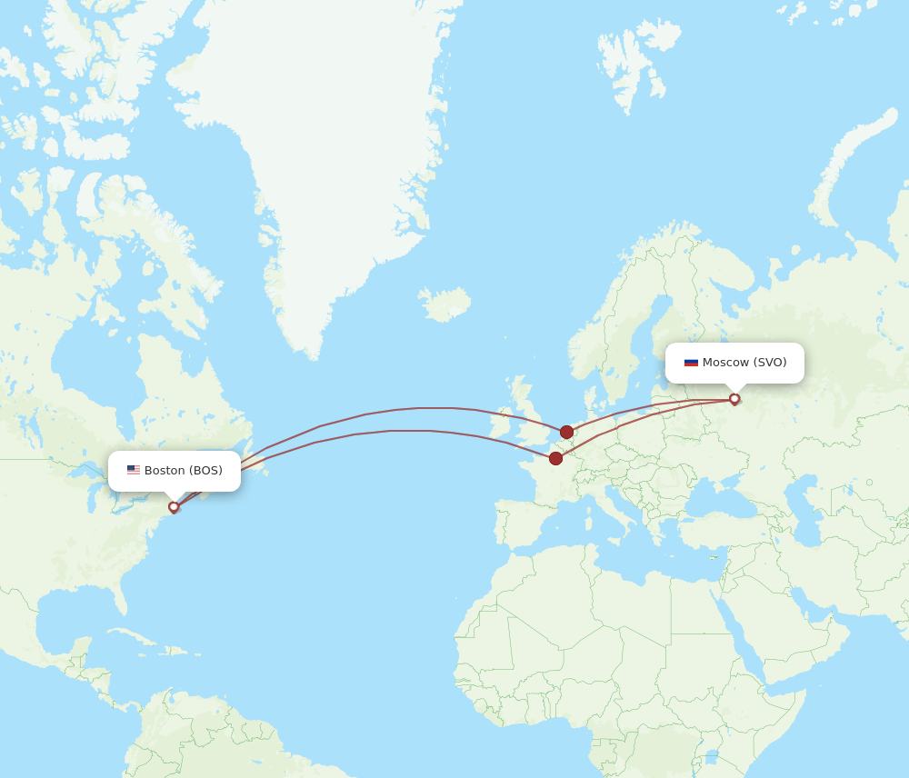Boston - Moscow route map and flight paths