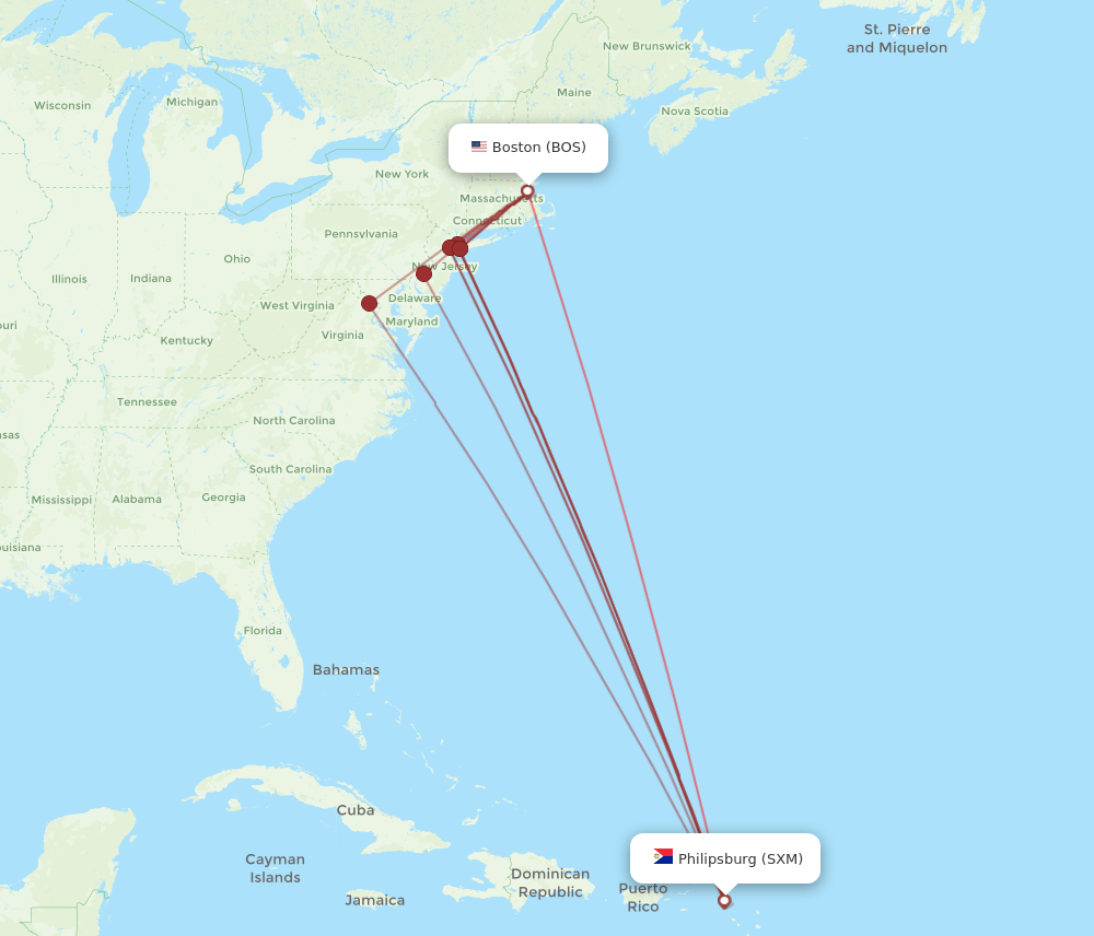 BOS-SXM flight routes