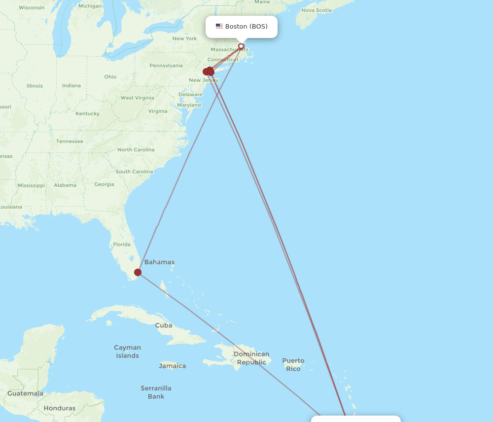 Boston - Tobago route map and flight paths