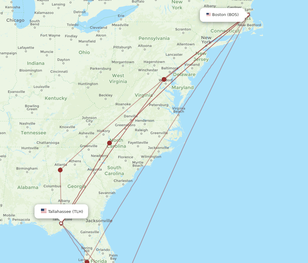 BOS to TLH flights and routes map