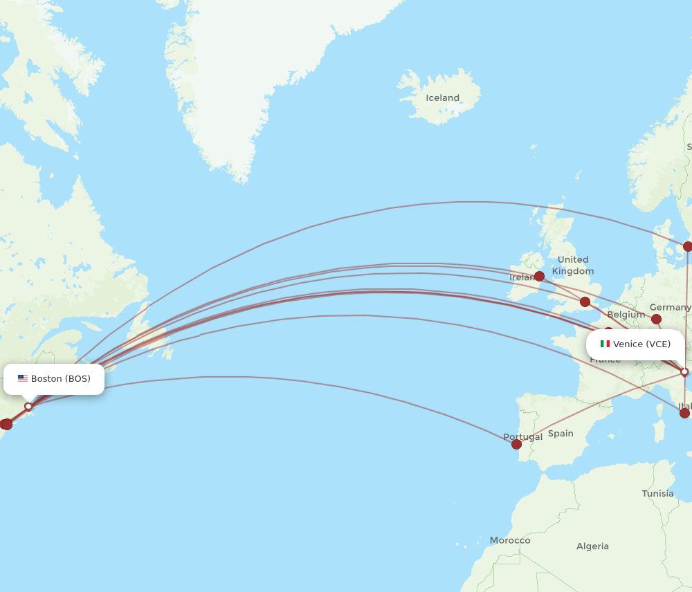 BOS to VCE flights and routes map