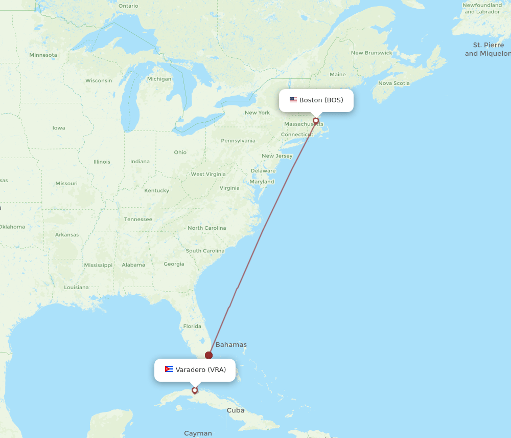 Boston - Varadero route map and flight paths