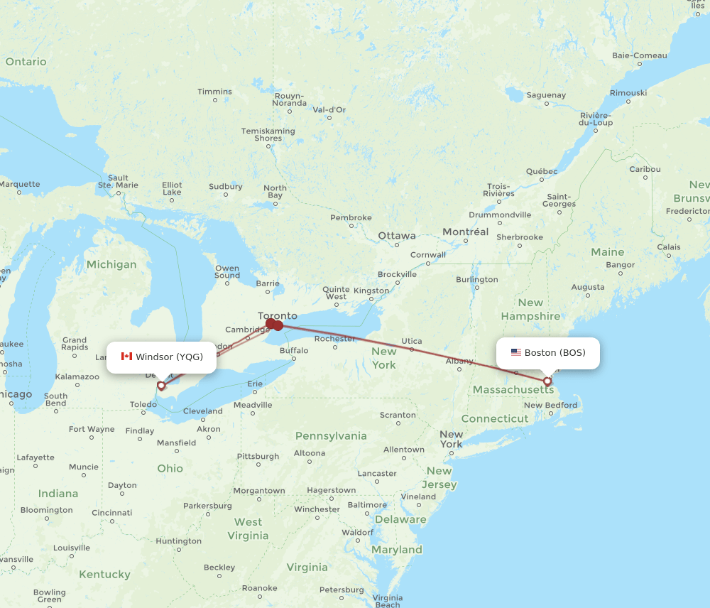 BOS to YQG flights and routes map