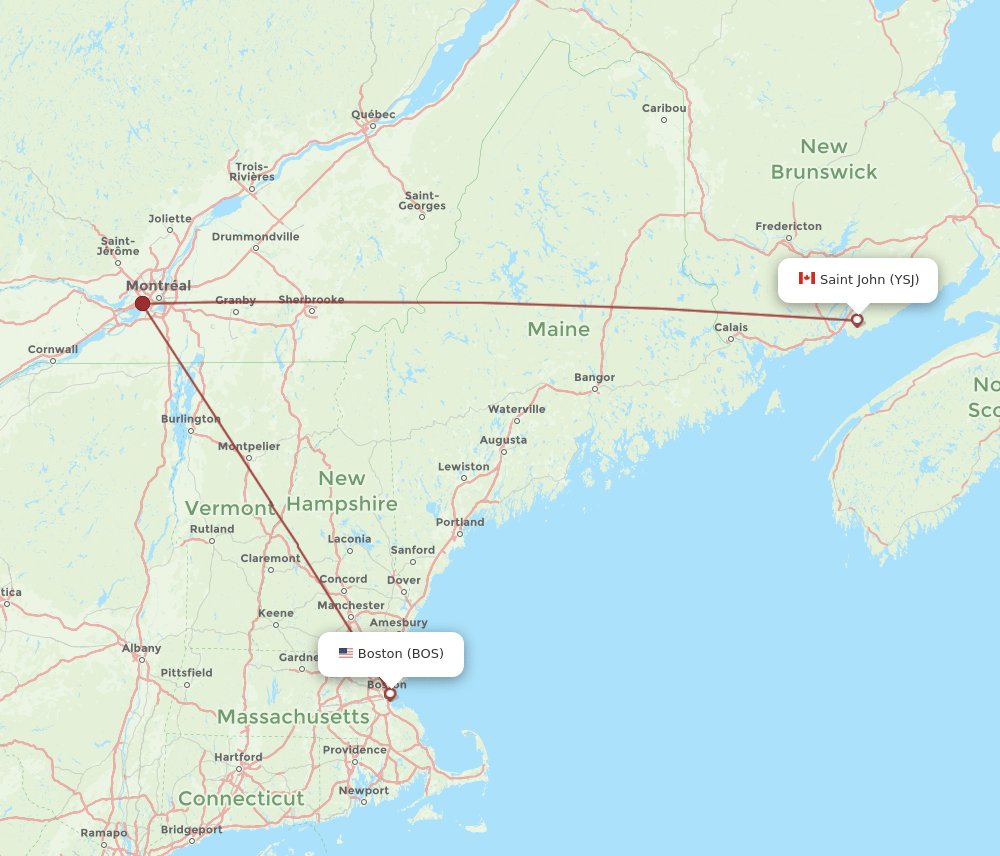 BOS to YSJ flights and routes map