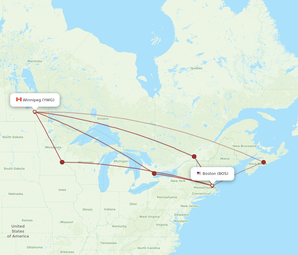 BOS to YWG flights and routes map