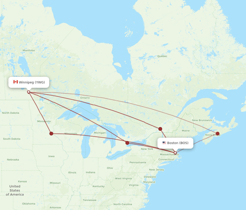 YWG to BOS flights and routes map