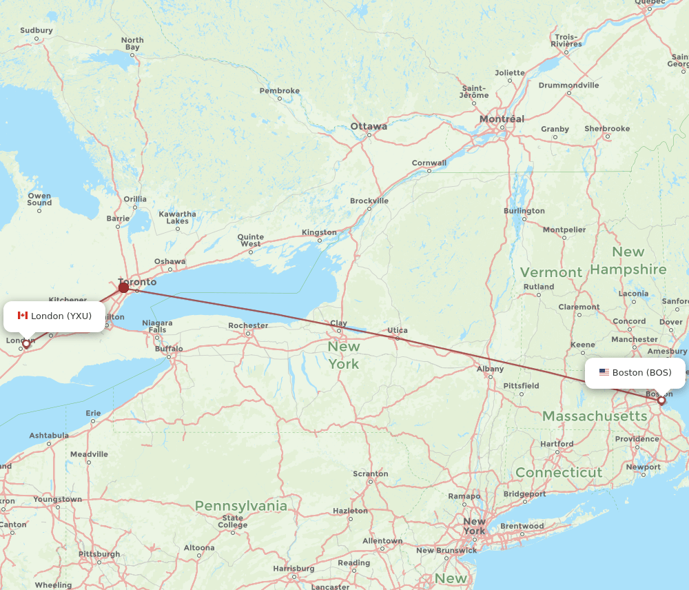 BOS to YXU flights and routes map