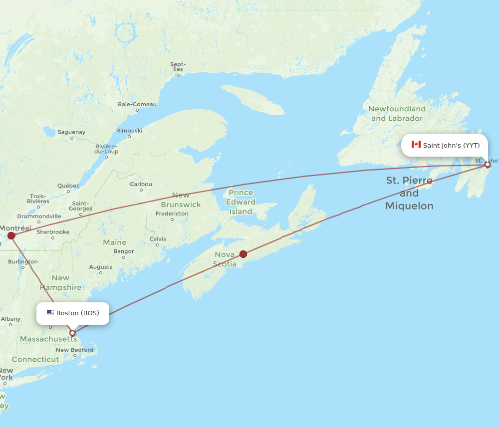 BOS to YYT flights and routes map