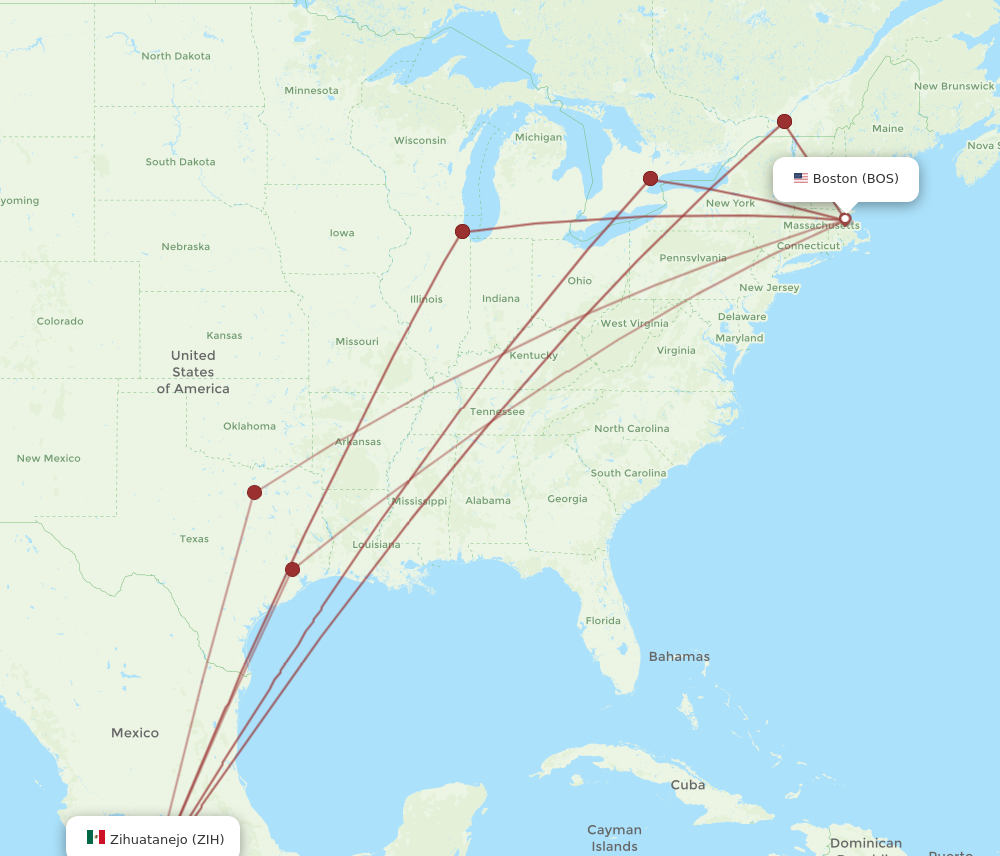 ZIH to BOS flights and routes map