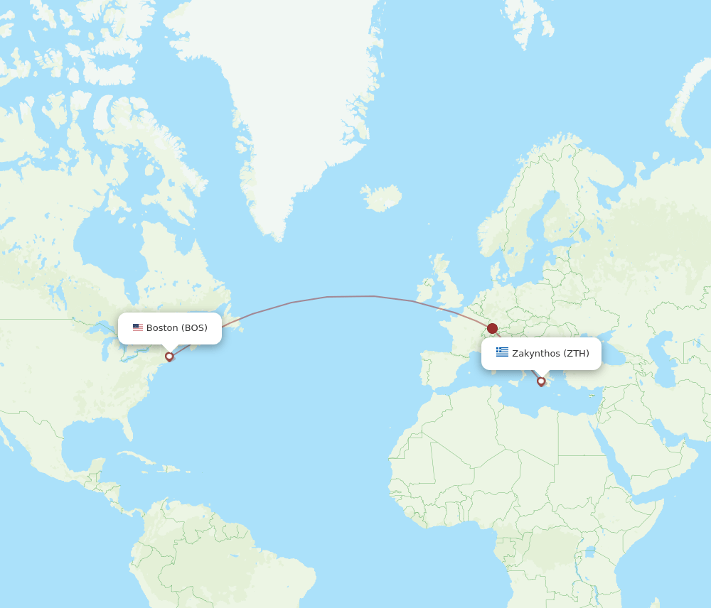 Zakinthos - Boston route map and flight paths