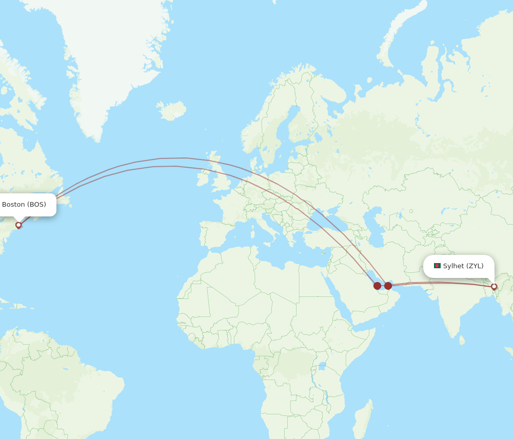 BOS-ZYL flight routes