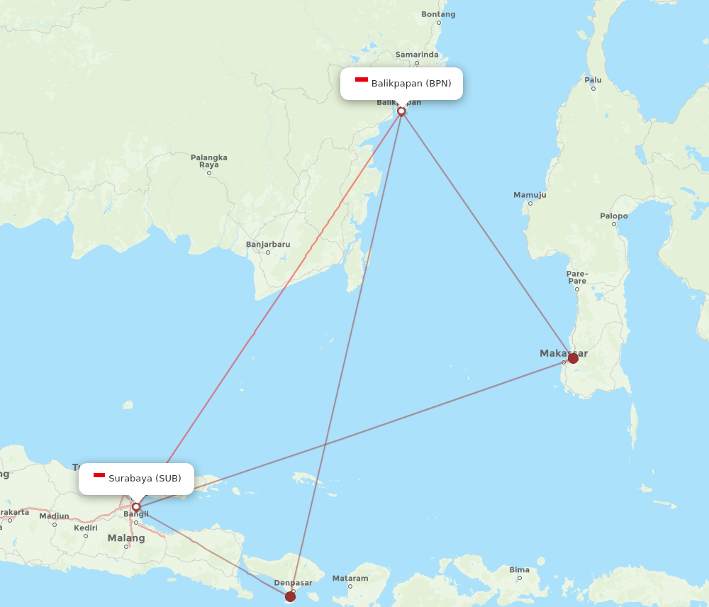 BPN to SUB flights and routes map