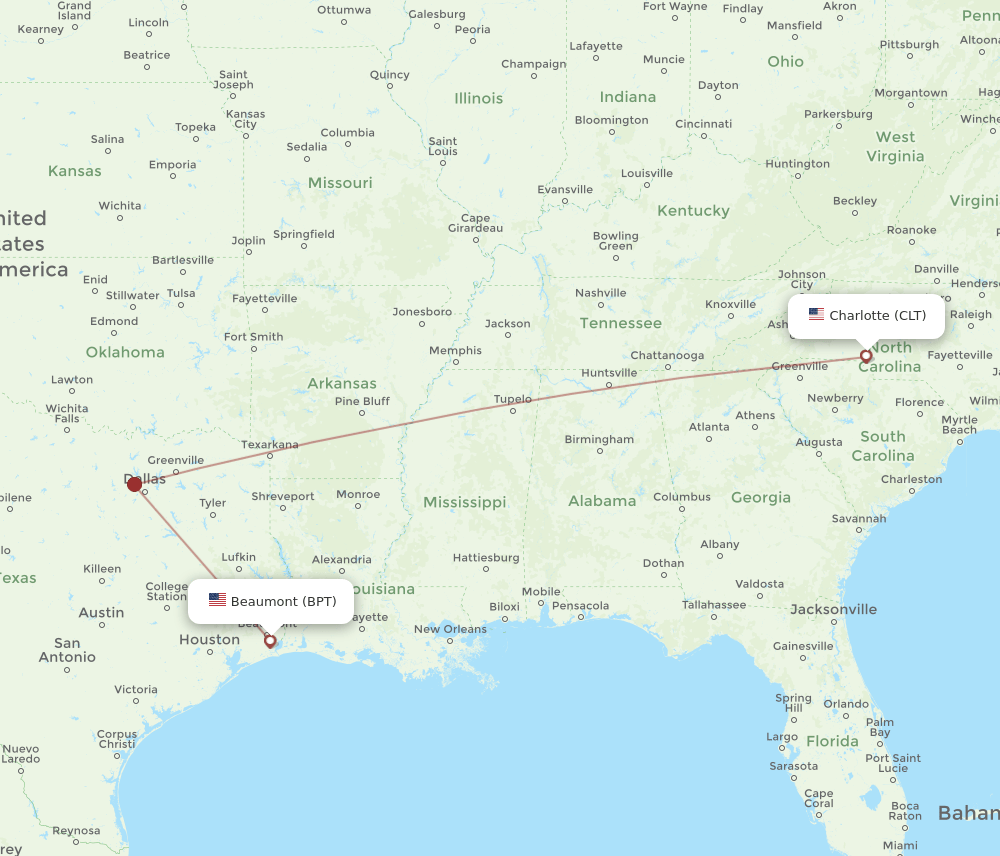 BPT to CLT flights and routes map