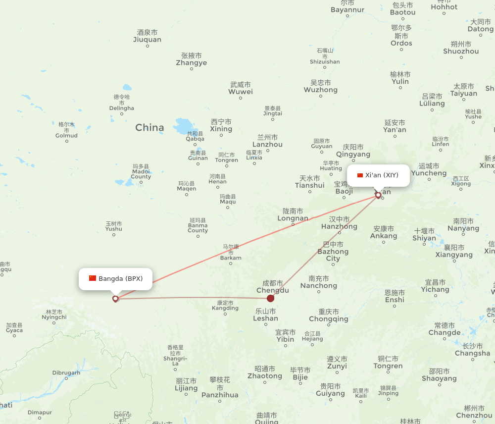Bangda - Xian route map and flight paths