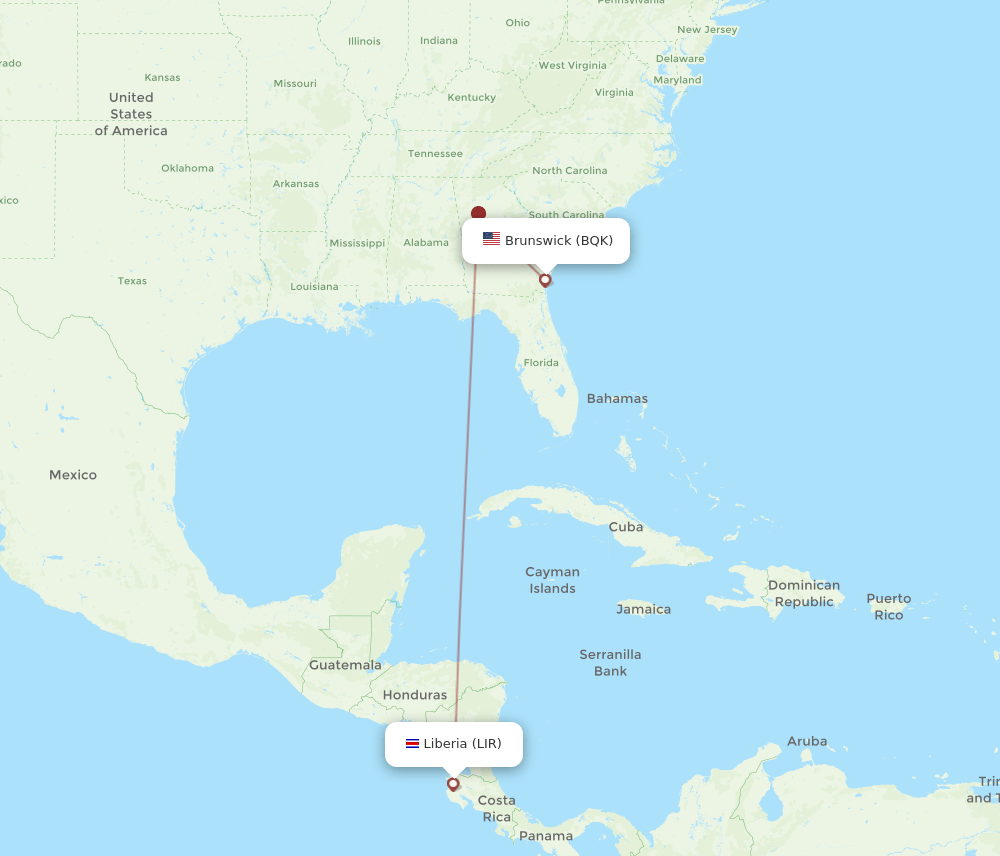 Guanacaste - Brunswick route map and flight paths