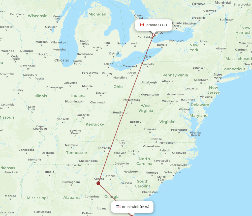 Toronto - Brunswick route map and flight paths