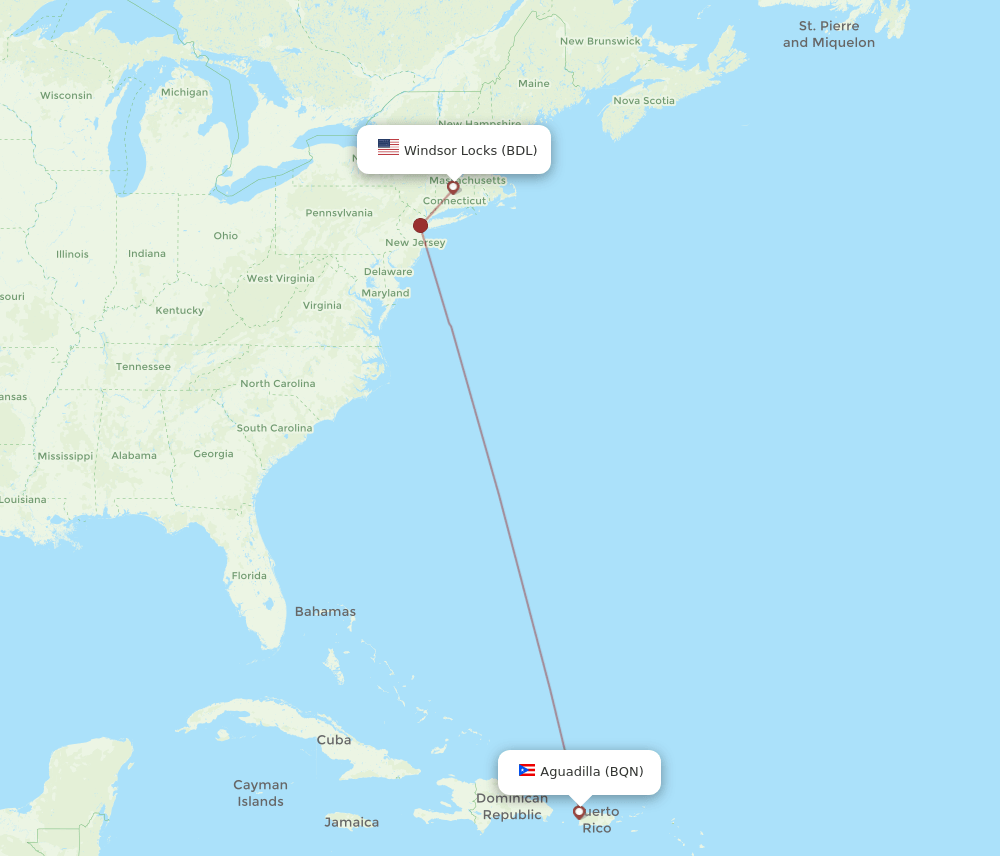 Aguadilla - Hartford route map and flight paths