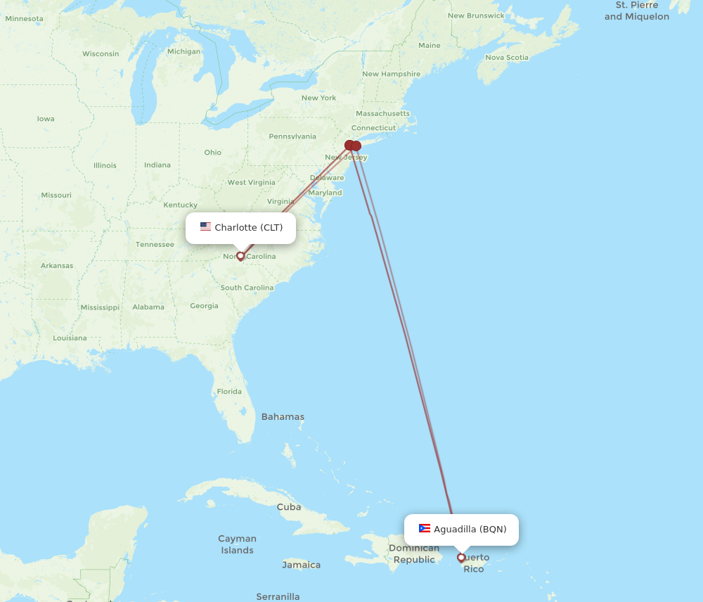 BQN to CLT flights and routes map