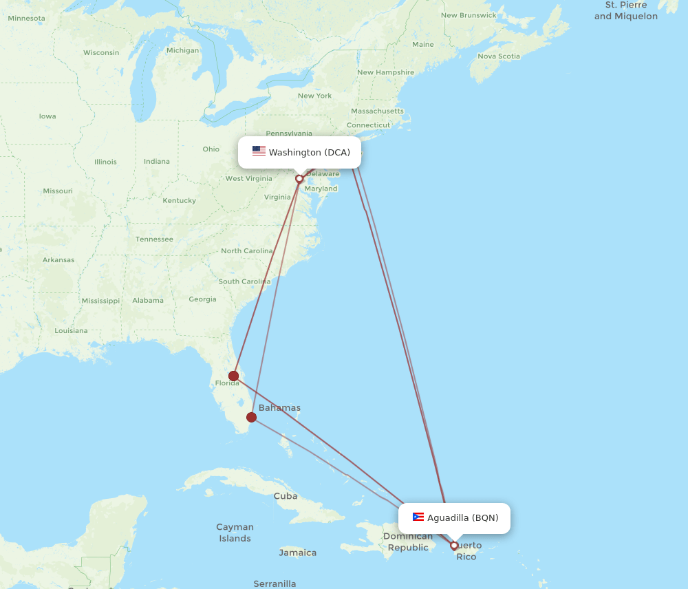 BQN-DCA flight routes