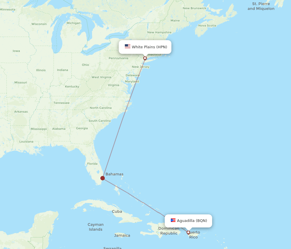 Westchester County - Aguadilla route map and flight paths