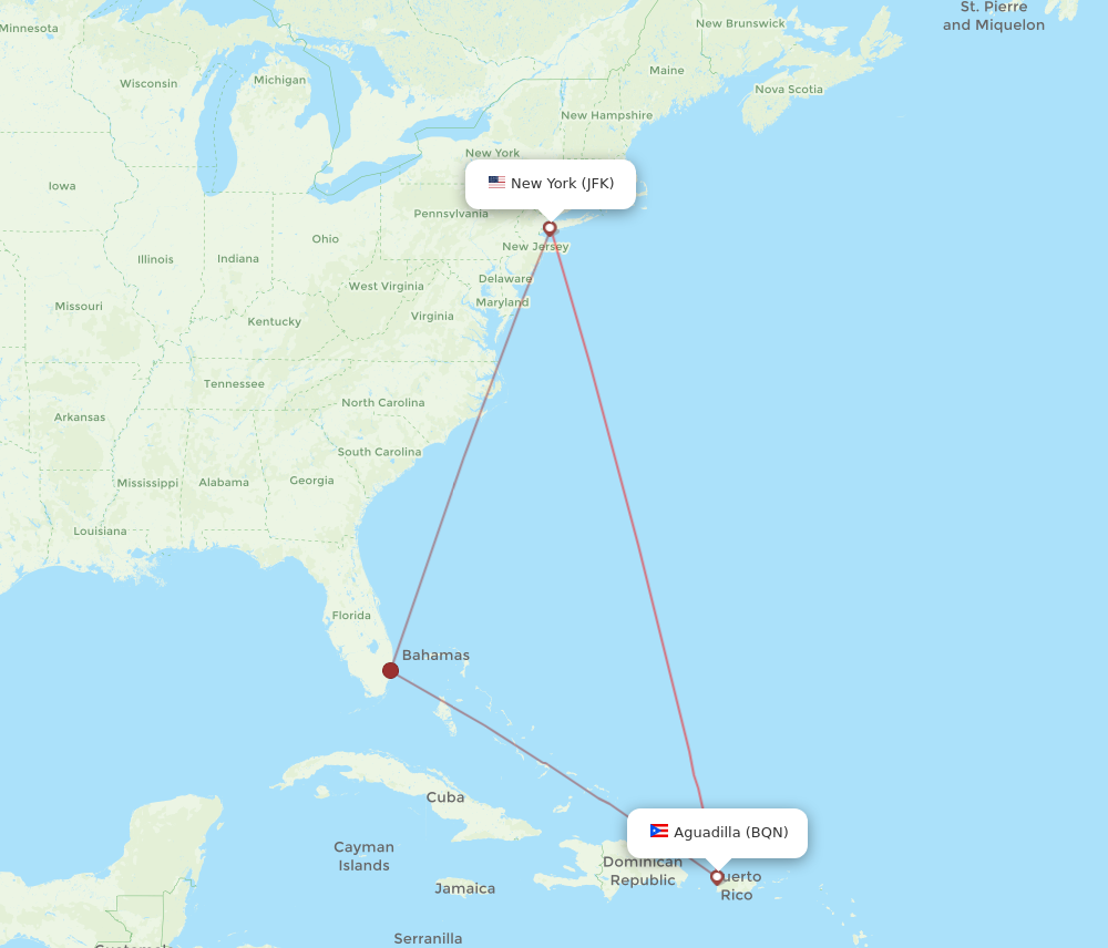 BQN to JFK flights and routes map