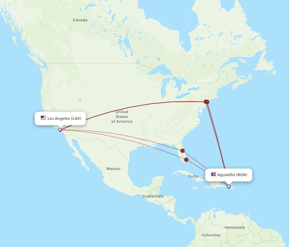 BQN to LAX flights and routes map