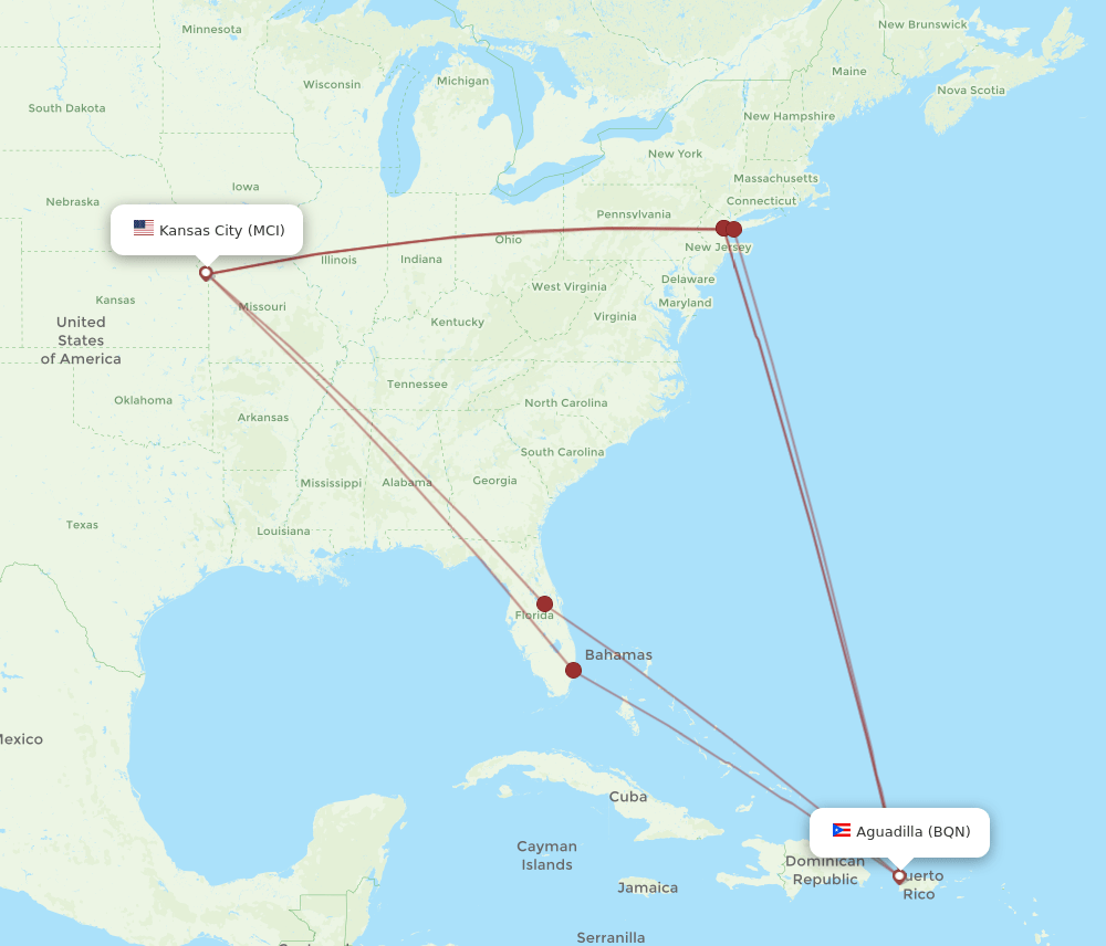 BQN to MCI flights and routes map