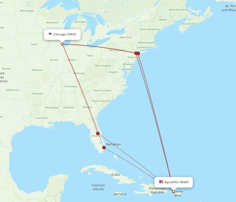 BQN to ORD flights and routes map