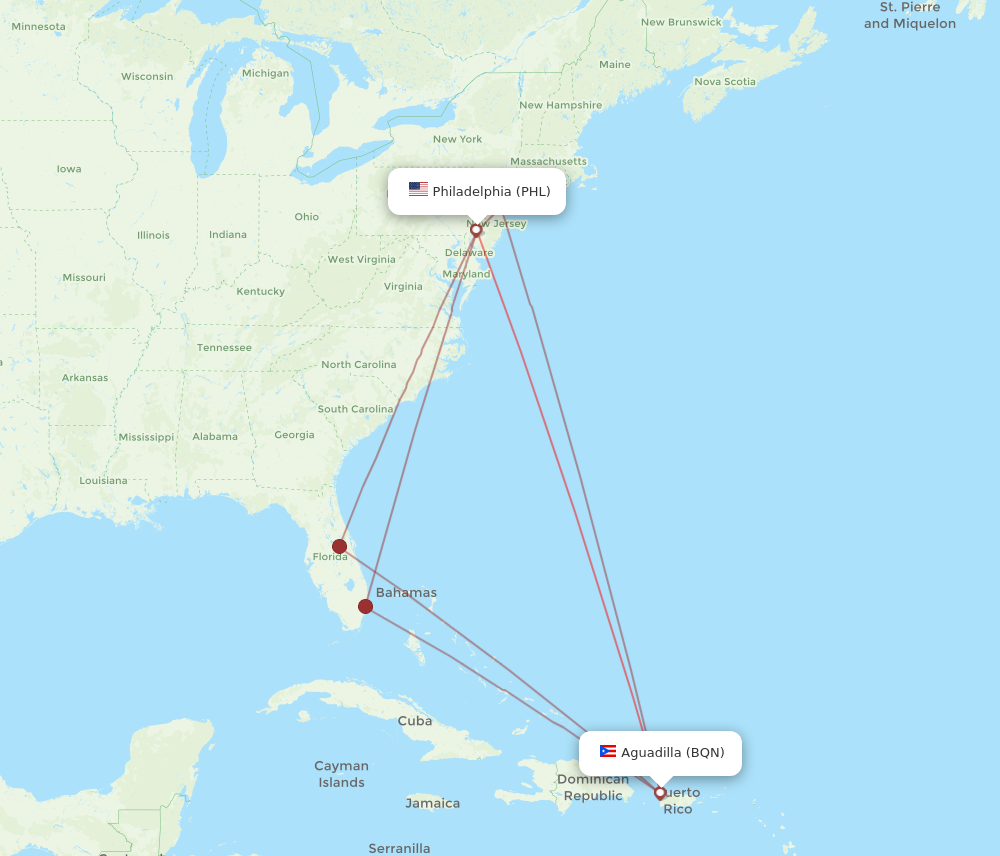 BQN to PHL flights and routes map