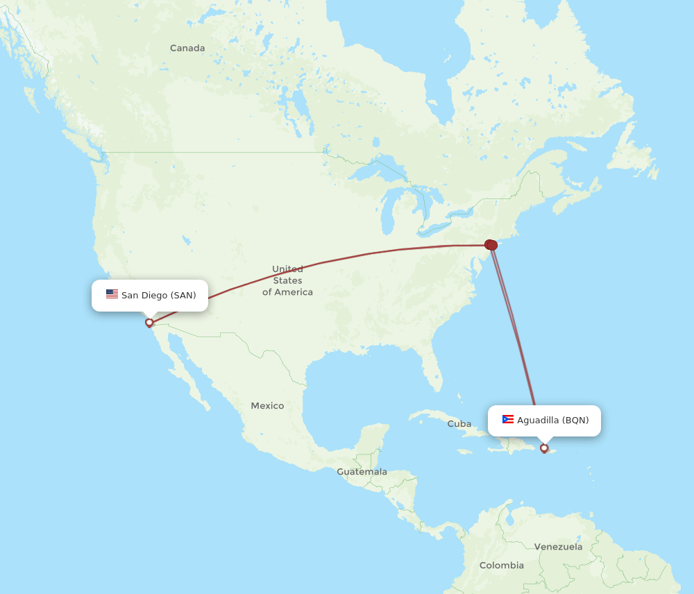 BQN to SAN flights and routes map