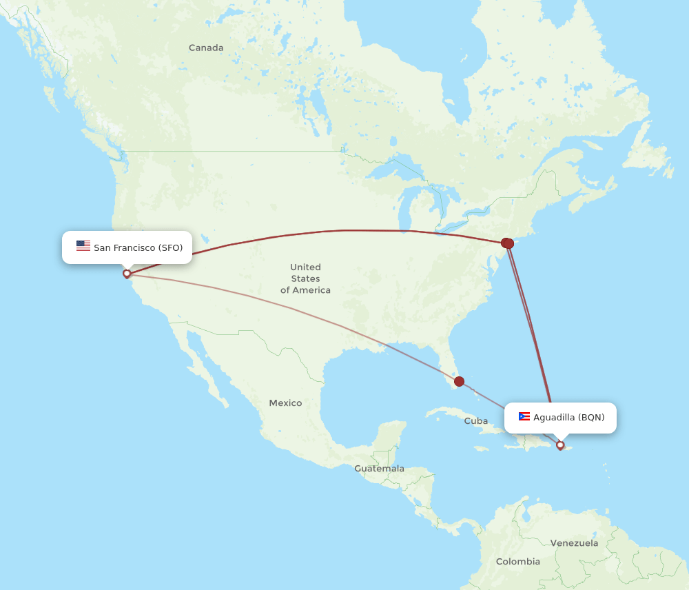 BQN to SFO flights and routes map