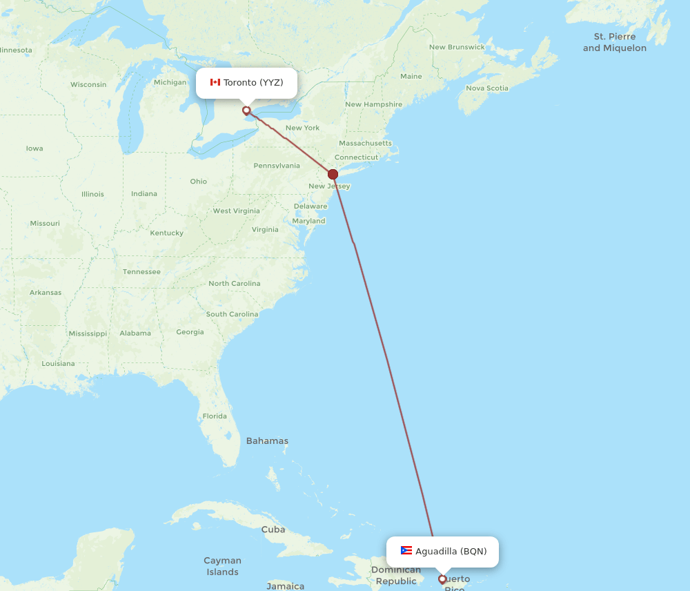 YYZ to BQN flights and routes map
