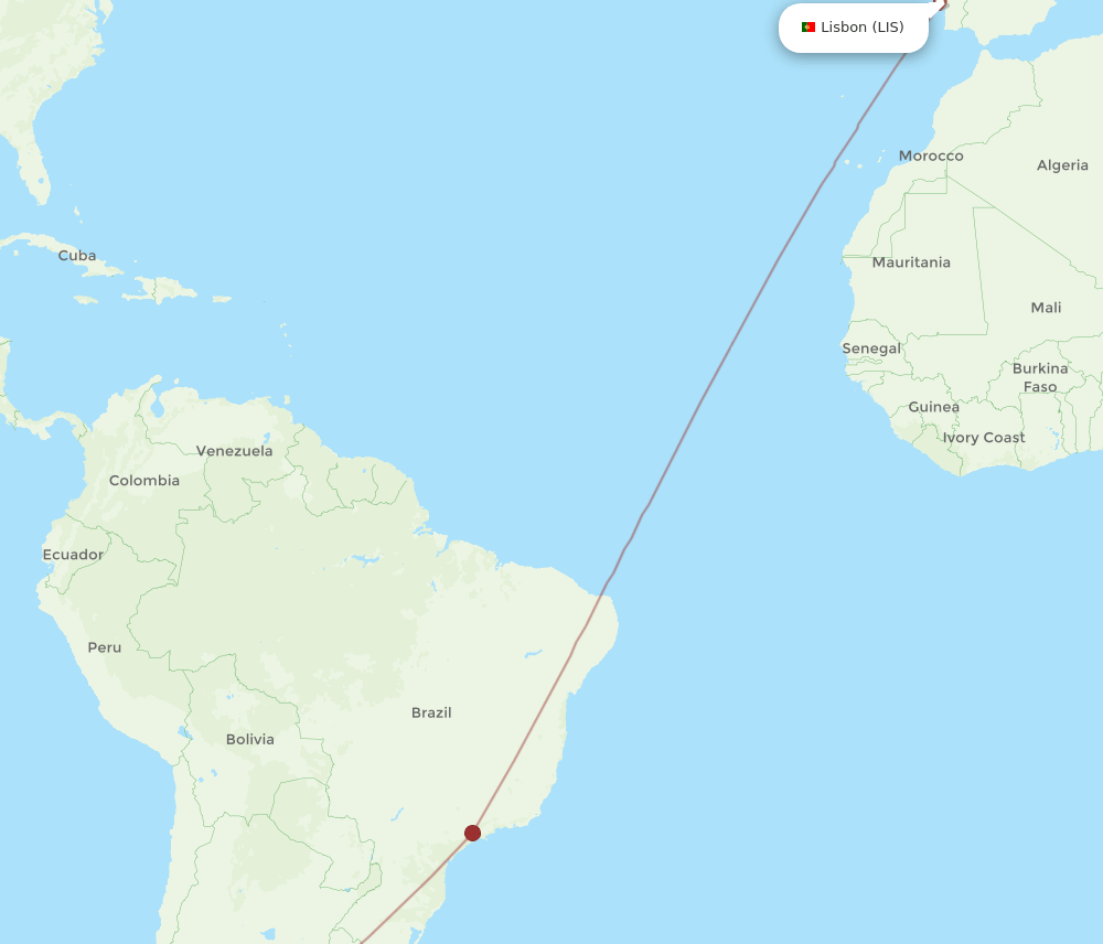 Lisbon - San Carlos de Bariloche route map and flight paths